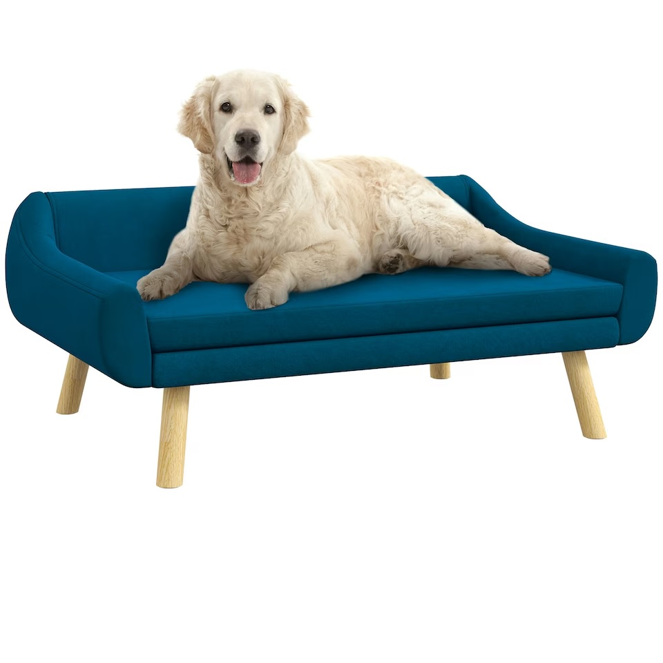 PawHut Dog Sofa Bed Raised Couch with Wooden Frame, Blue
