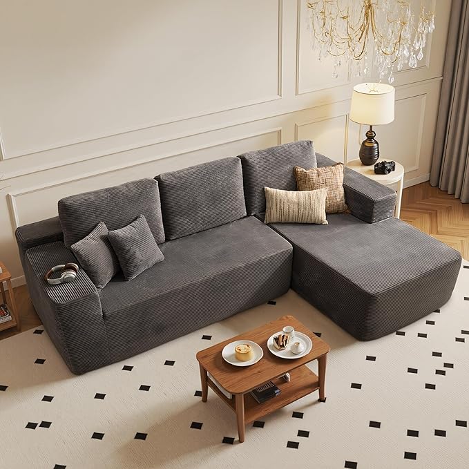 104" Cloud Sectional Couch with Chaise, Boneless L-Shaped Cloud Couch with Deep Seat, Corduroy Modern Minimalist Sofa, Assembly Free Comfy Sofa for Office Living Room Apartment(Grey, Right Chaise)